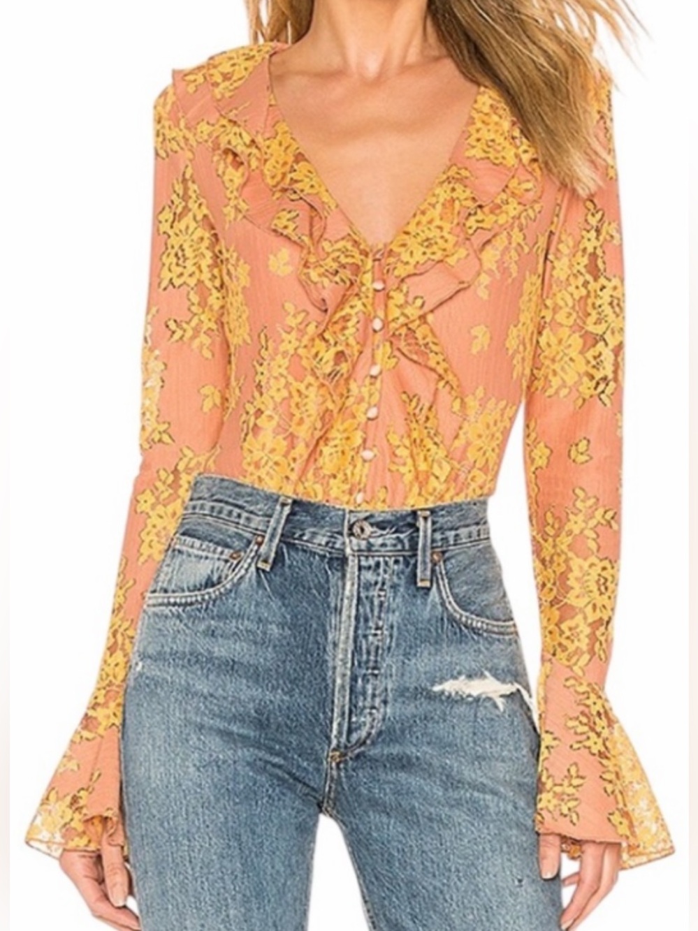 MAJORELLE Roma Ruffled Top In Golden Blush NWT